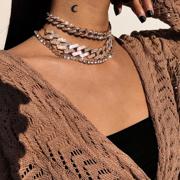 Triple Diamond Layered Necklace Set, Cuban Link Necklace, Tennis Necklace - Picture 2 of 9